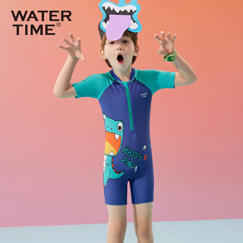 Детский купальник-боксер для мальчика WATERTIME, с коротким рукавом, для бассейна и моря, мультяшный принт, темно-синий, размер 6 (110-122 см)