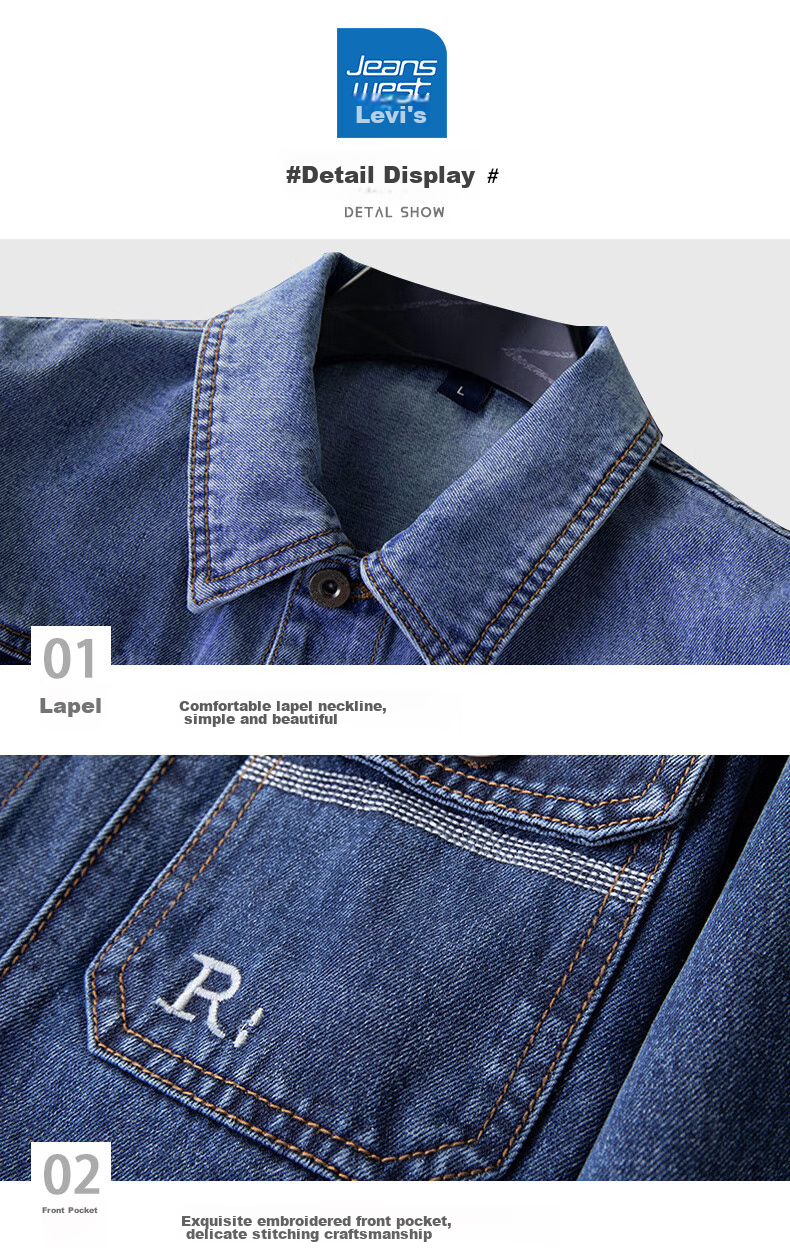 Jeanswest Men's Jacket 2026 Spring Summer Trendy Embroidered Youth Workwear Long Sleeve Denim Coat Loose Fit Dark Blue 4XL 12
