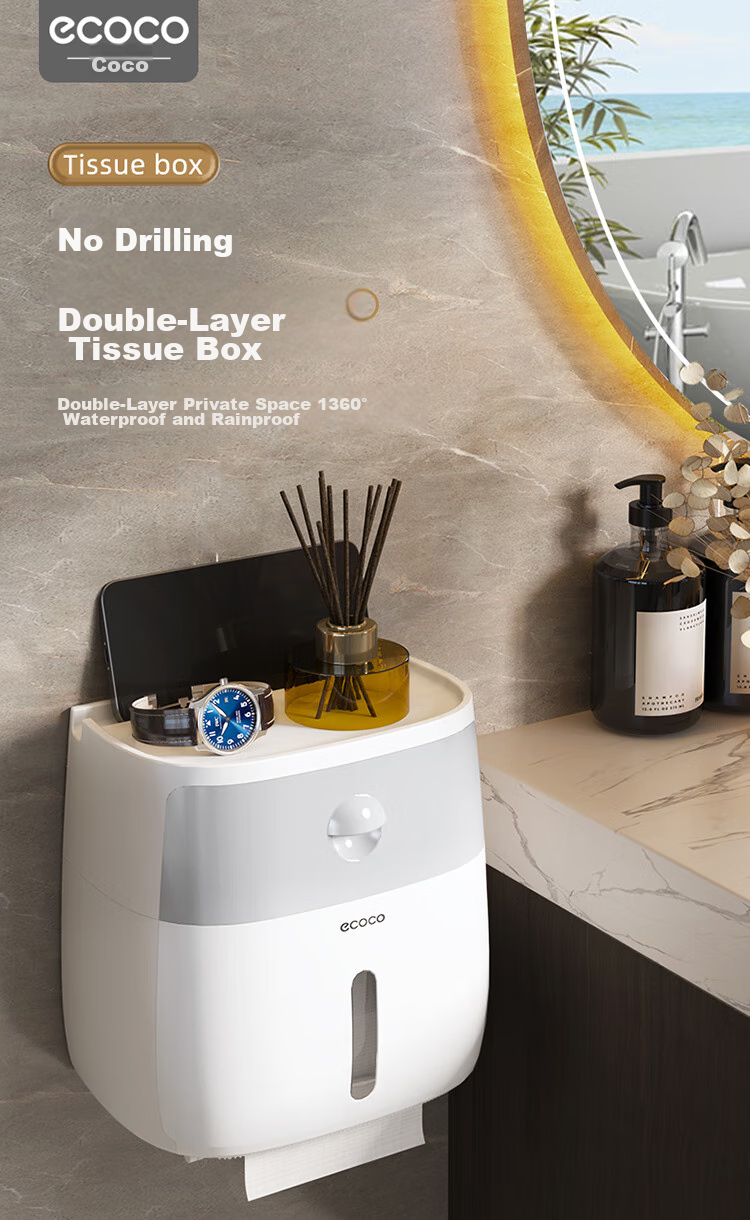 Ecoco Double-Layer Large Capacity Bathroom Tissue Box Storage, Wall-Mounted High-End Waterproof Toilet Paper Holder 2