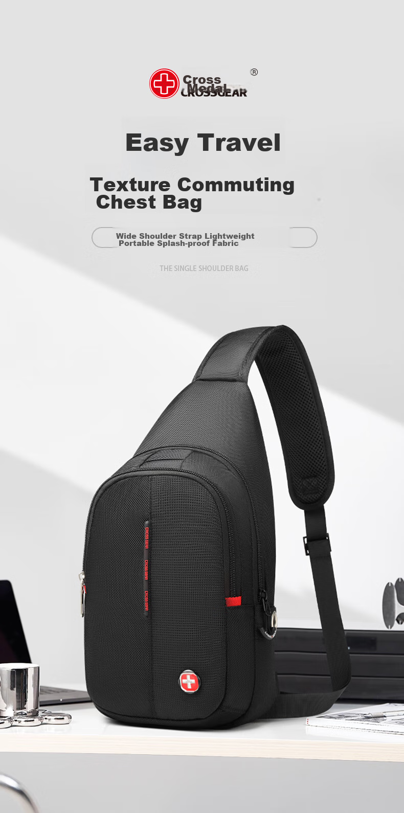 CROSSGEAR Swiss Cross Medal Casual Sports Shoulder Bag, Men's Crossbody Flat Backpack, Multifunctional Cycling Storage Bag 2
