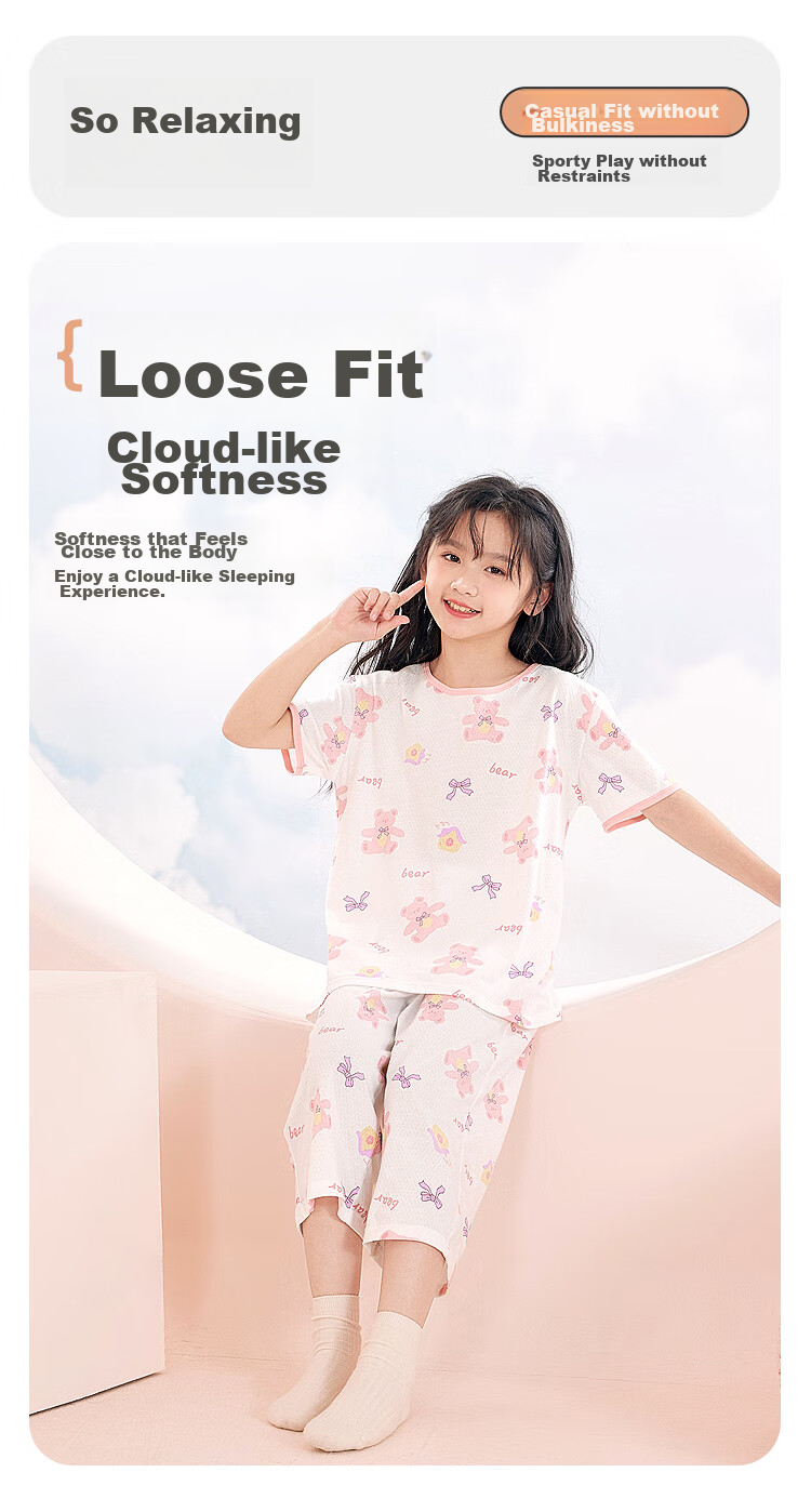 Hodohome Children's Pajamas for Girls, Summer Thin A-Class 40S Pure Cotton Home Wear Short-Sleeve Mesh Breathable Air Conditioning Suit 310 Two 160 6