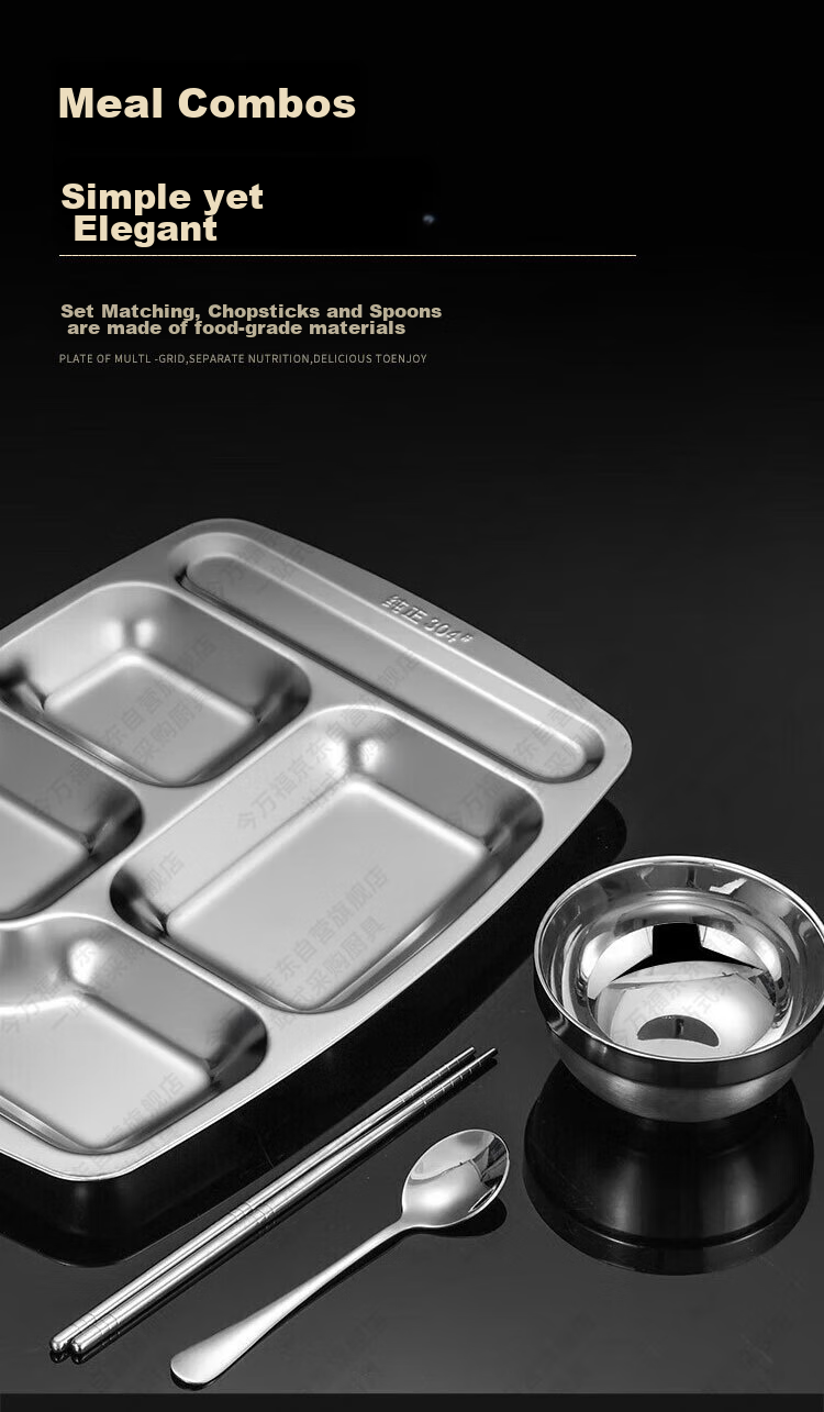 Jinwanfu Stainless Steel Divided Plate, School Canteen Dining Tray, 304 Stainless Steel Compartment Plate, 1.0mm Thick, 450g, Large Six Compartments 13