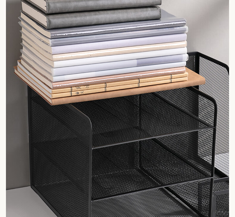 Deli Stackable Metal File Organizer, Document Tray, Bookend Rack, Multi-Layer Office Desk File Storage Box, File Basket, Storage Shelf, Four-Tier Black PB260 9