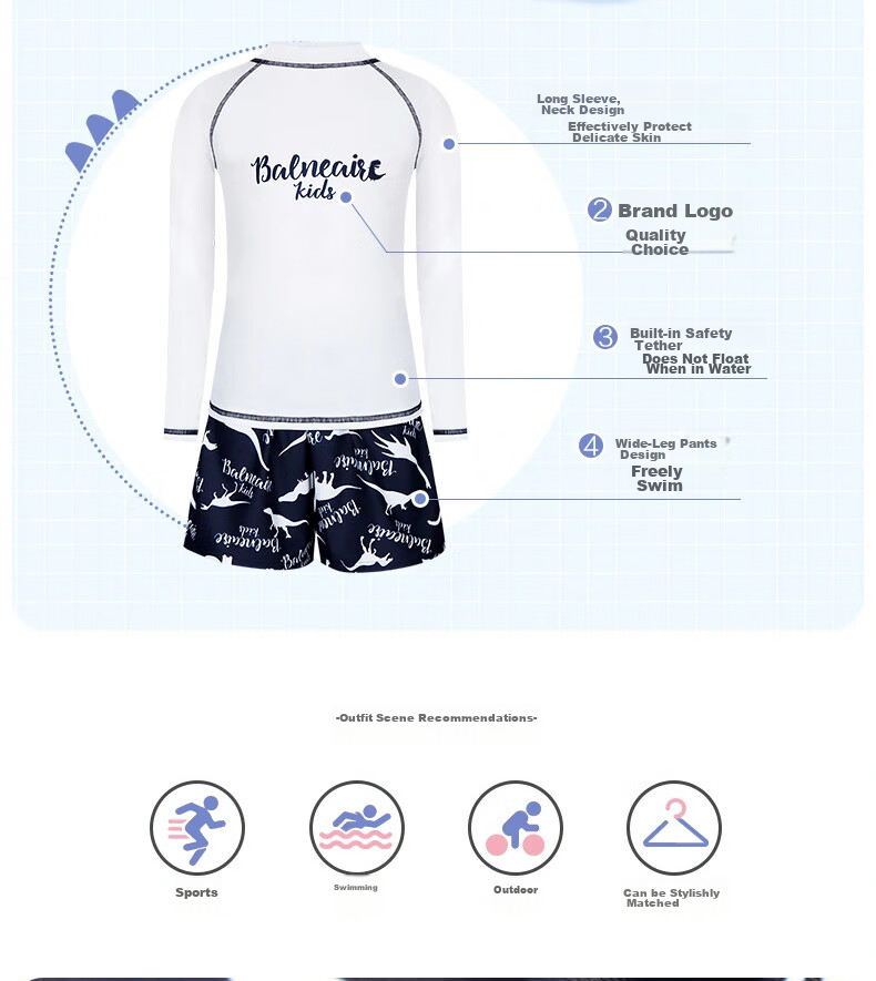 BALNEAIRE Little Dinosaur Series Two-Piece Swimsuit for Boys, Small Stand-Up Collar Design, Fashionable Skin-Friendly Children's Swimwear for Beach, Size 100 6