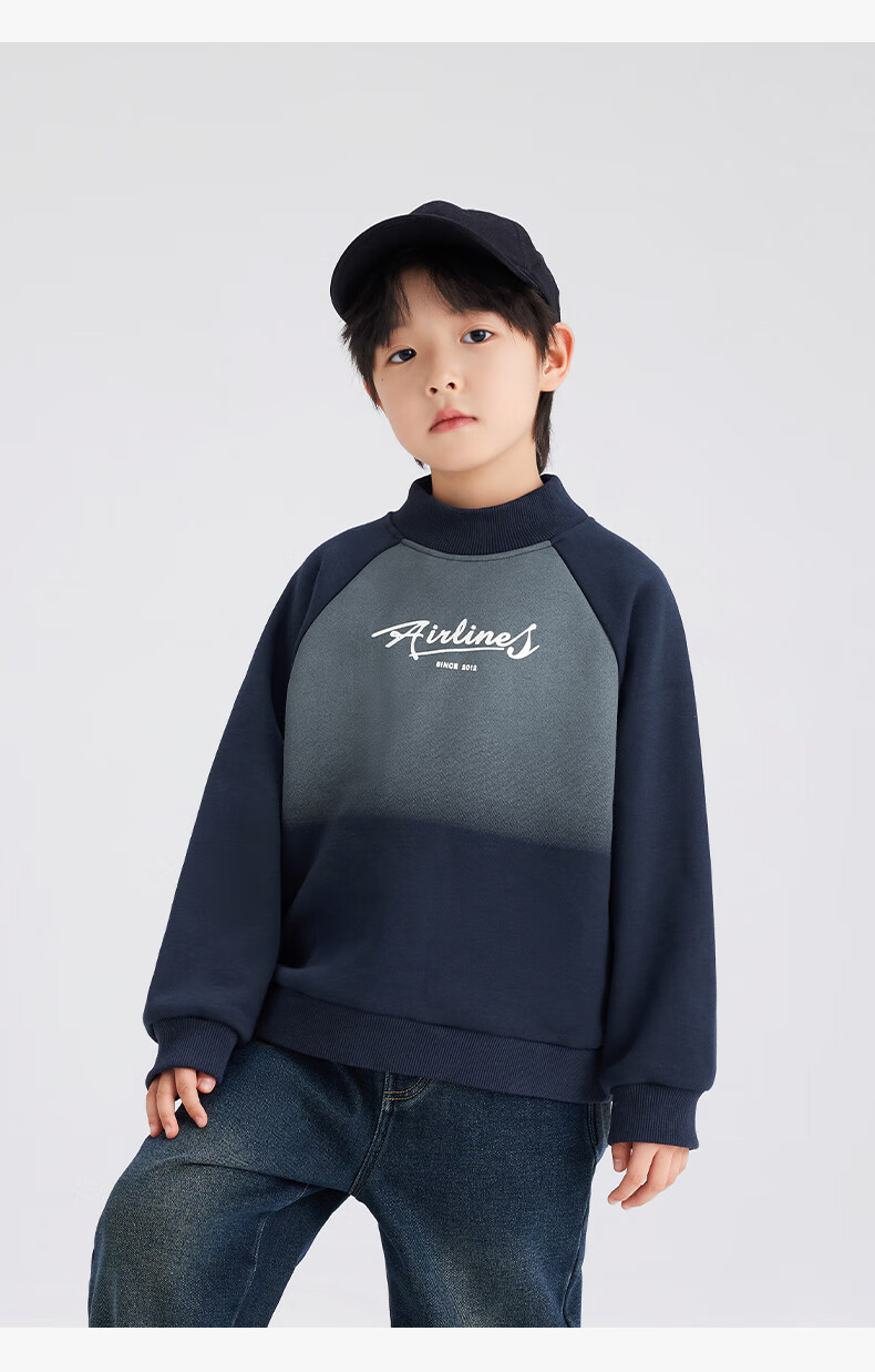 Zuo Xi Boys' Fleece-Lined Sweatshirt 2025 New Winter Thickened Top Stylish Boys' Winter Wear Navy Blue 150 4