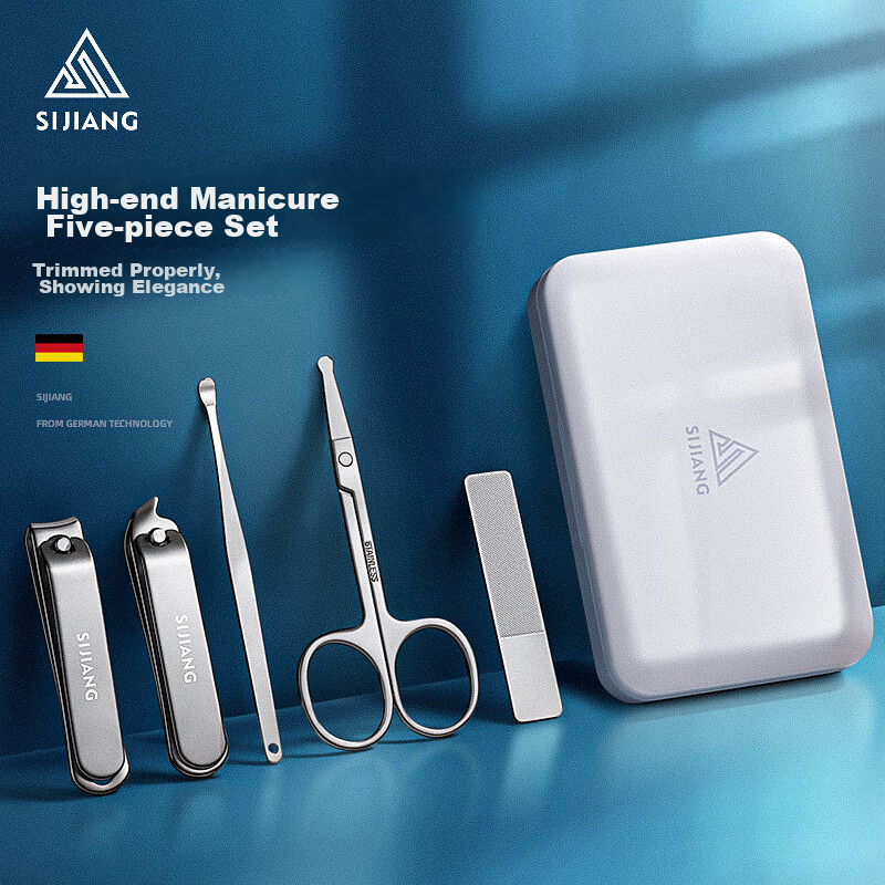 Sijiang Nail Clipper And Nose Hair Trimmer Set, Home Manicure Kit Including Nail Clippers, Ear Pick, And Nail File, White, 5-Piece Set
