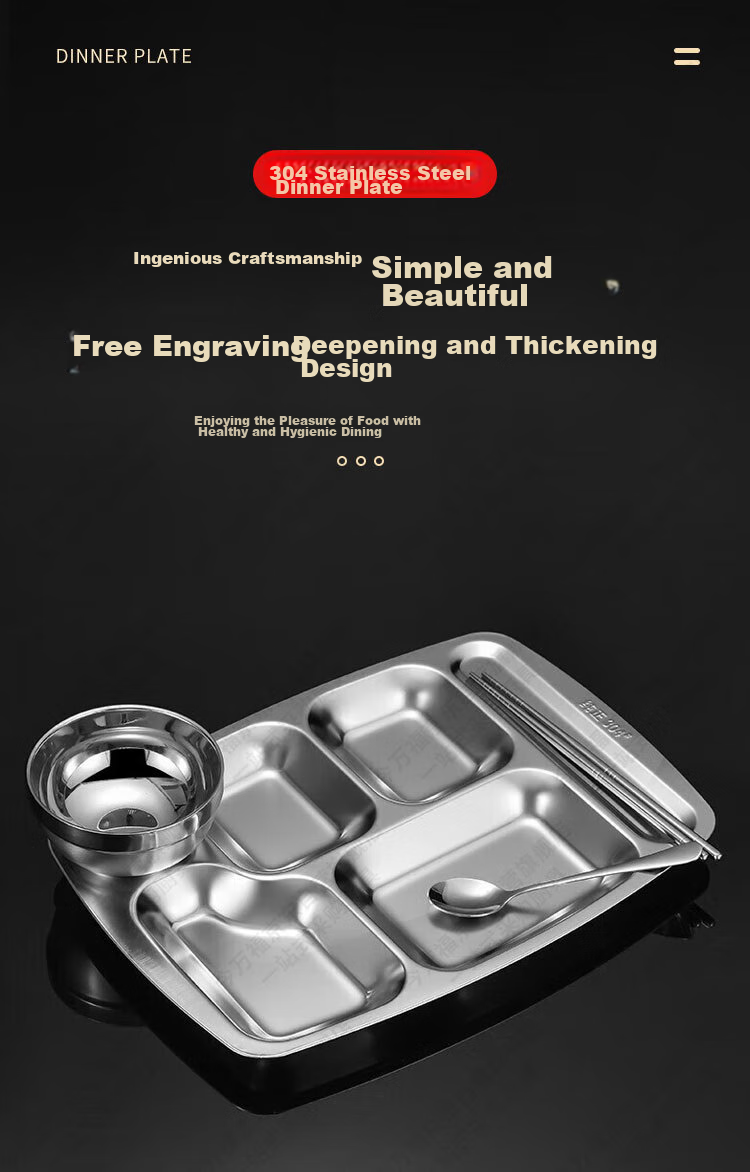 Jinwanfu Stainless Steel Divided Plate, School Canteen Dining Tray, 304 Stainless Steel Compartment Plate, 1.0mm Thick, 450g, Large Six Compartments 3