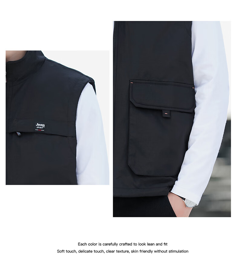 JEEP SPIRIT Fleece-Lined Casual Vest for Men, Spring And Autumn Wear, Two-Way Vest, Workwear Jacket, Khaki, 2XL 7