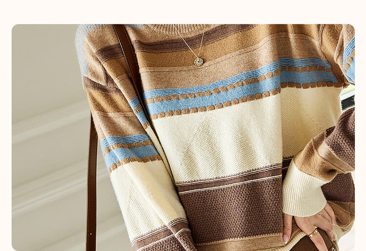 Dme [Light Mature Commuter] Autumn And Winter Round Neck Fleece Striped Contrasting Color Sweater, Long-Sleeve Knit Top for Wome 4