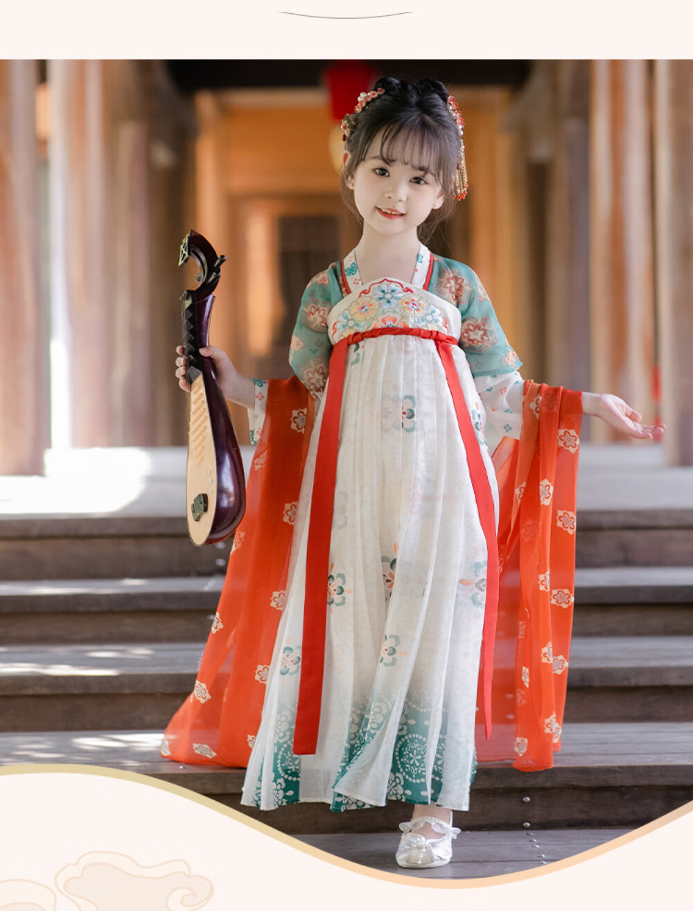 ROMON Children's Hanfu, Mid-Autumn Festival Girls' Tang Suit, Girls' Ancient Costume, Graduation Performance Outfit, Dunhuang Green, Size 160 5
