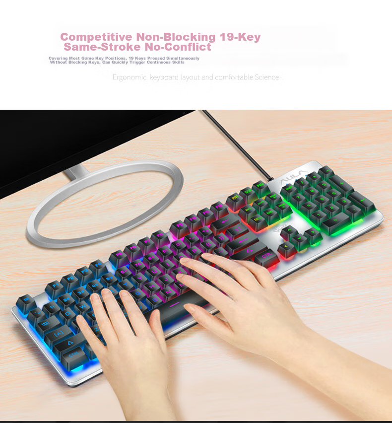 AULA T101 Mechanical Feel Keyboard And Mouse Set, Wired 104-Key Keyboard And Mouse Combo, Gaming And Office Computer Keyboard Mixed Light Eating Chicken Set, Metal Panel Silver White 8
