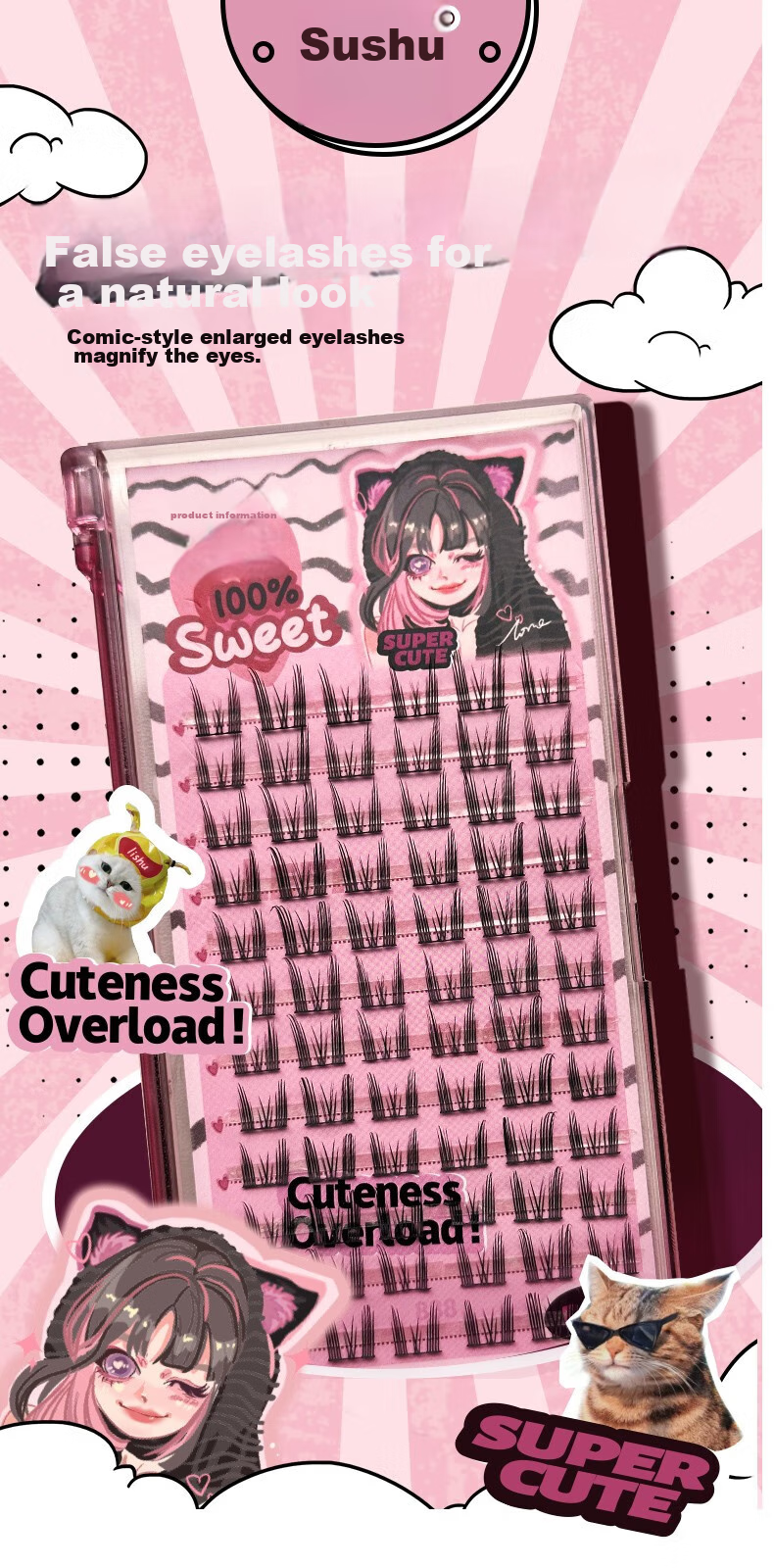 Lishu False Eyelashes, Natural-Looking, 72 Clusters, Cartoon Style, Long Length, No Glue Needed, Tweezers Included 1