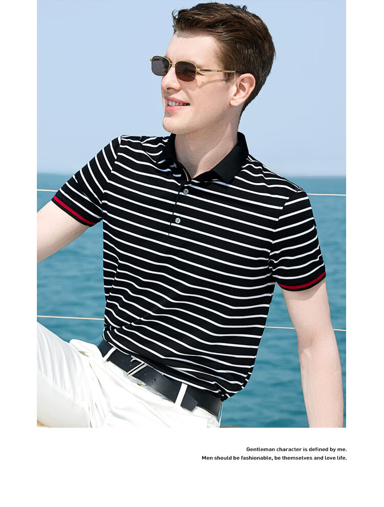 Andongniao [11.4% Mulberry Silk + 88.6% Cotton] Men's High-End Short-Sleeve Polo Shirt, Summer Contrasting Striped Short-Sleeve T-Shirt 6