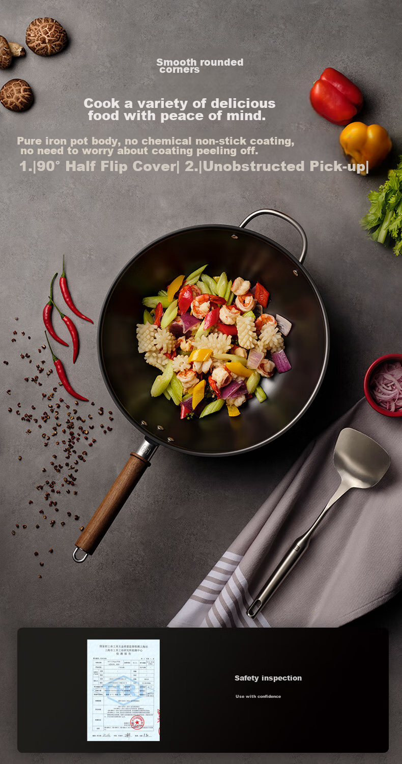 ZWILLING Iron Wok Stir-Fry Pan Flat Bottom Non-Coated Chinese-Style Compatible with Induction And Gas Stoves Dragon Iron Wok Dragon32cm 7