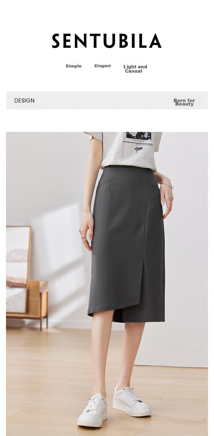 Sentubila Stylish Asymmetric Slit Midi Skirt, Urban Commuter Irregular High-Waisted Pencil Skirt, Gray, S 1