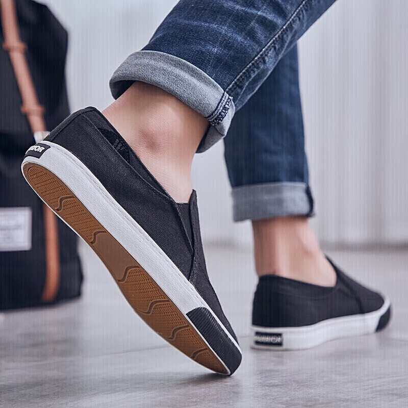 Warrior Canvas Shoes, Men's Slip-On Casual Sneakers, Student Wear-Resistant Breathable Sports Shoes, WXY-966, Black, Size 41