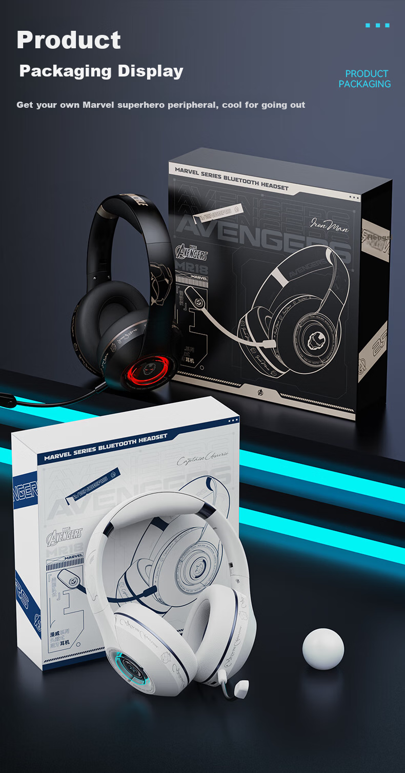 Disney Marvel Officially Licensed Wireless Bluetooth Headphones, Over-Ear ANC Active Noise Cancellation Gaming Headset with Long Battery Life, Cool Light Effects MR18 White Captain America 8