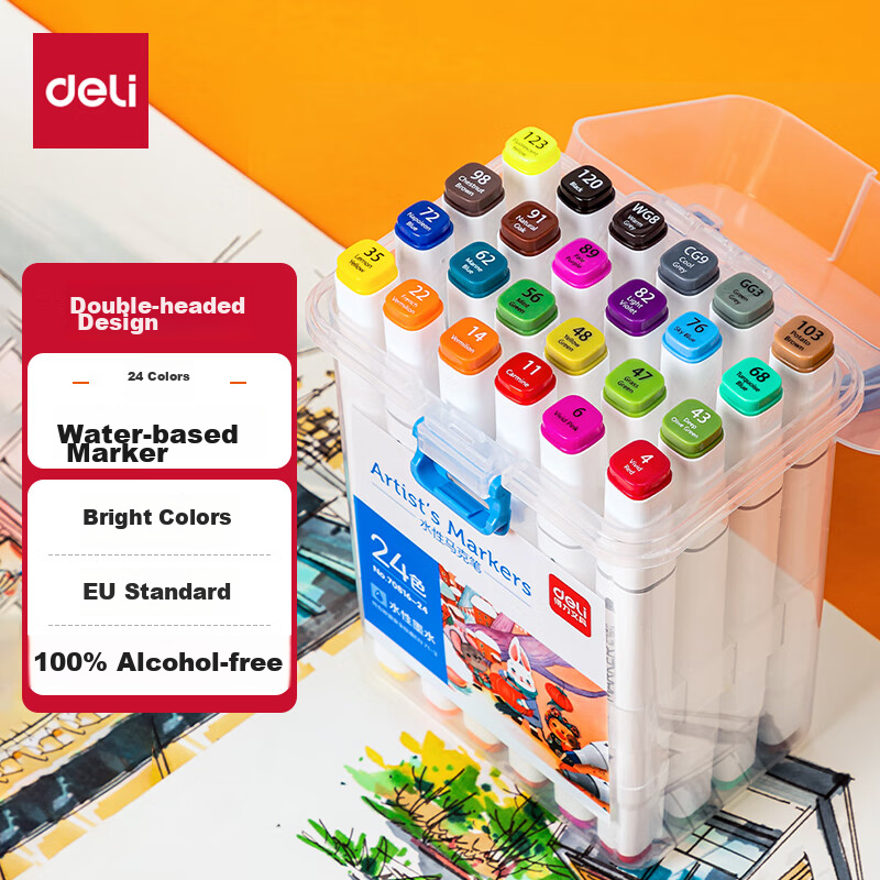 Deli Water-Based Markers, 24 Colors, Dual-Tip Square Barrel, Large Capacity, Quick-Drying, Alcohol-Free, Student Tree Watercolor Pens, Highlighters, Children's L Gift, Watercolor Pens for Art Education And Graduatio