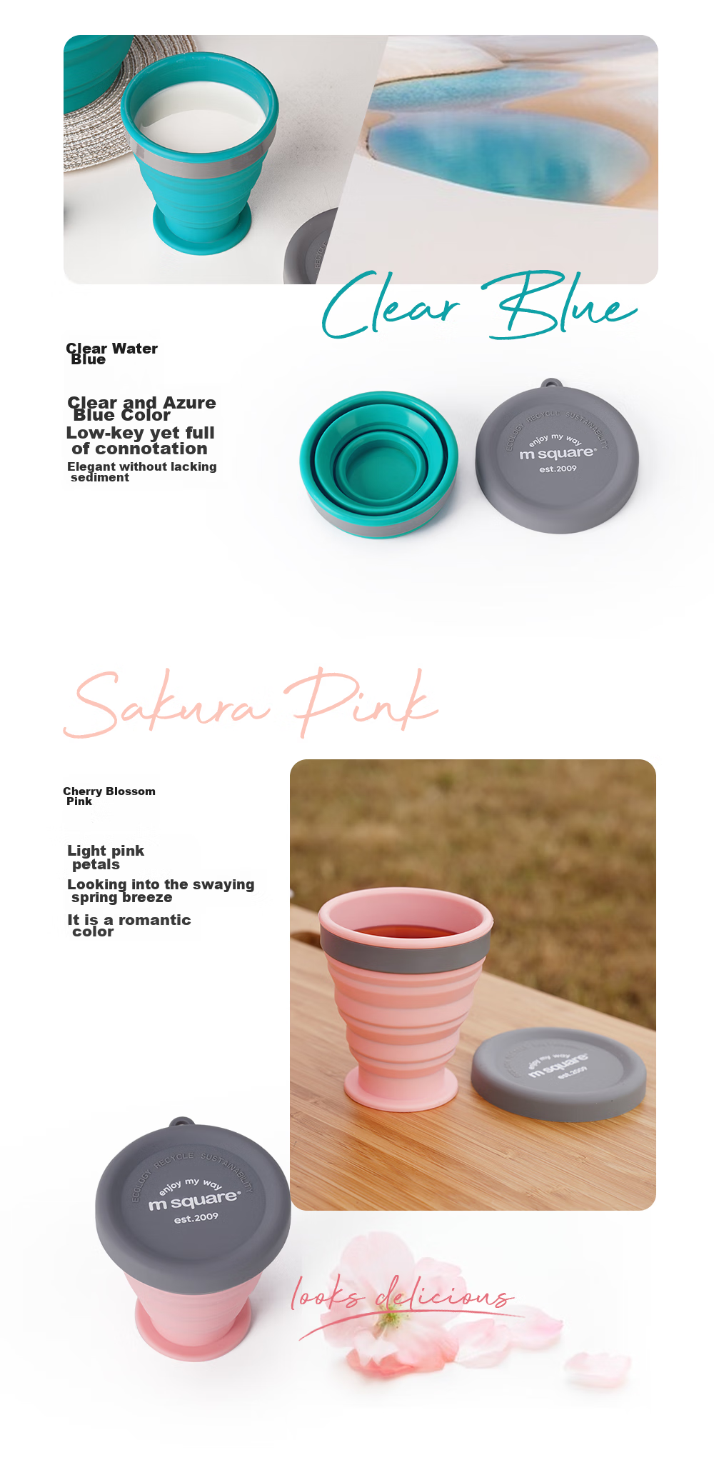 M Square Folding Cup, Portable Travel Silicone Cup And Bowl, Food-Grade Ramen Bowl, Camping Outdoor Picnic Baby Bowl, Cherry Blossom Pink 8