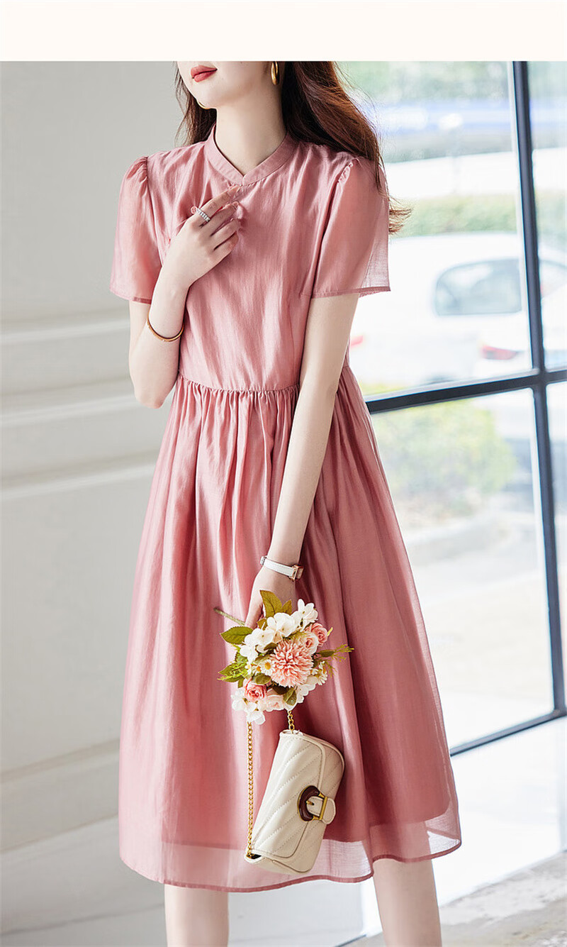 Dme [Elegant A-Line Embroidered Dress] Summer Commuter Stand-Collar Button-Up Midi Dress for Wome 13