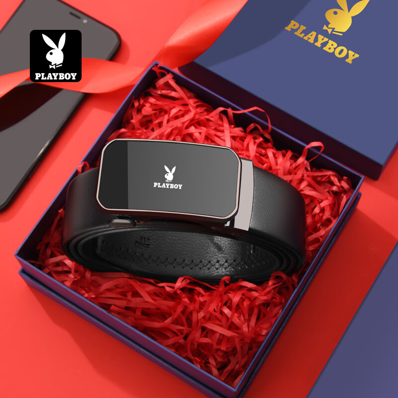 PLAYBOY Gift Box Belt for Men, Automatic Buckle, Cowhide Business Casual Trouser Belt, Practical Birthday Gift for Husband Or Father