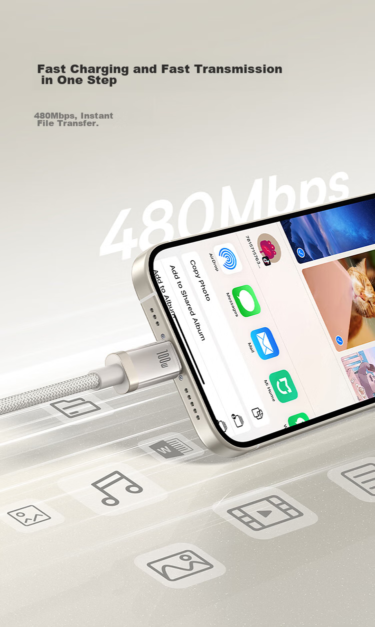 BASEUS Apple 17/16 Titanium Alloy Charging Cable, Dual-Head Type-C Data Cable, PD100W Fast Charging, Car Charger 5A, Suitable for IPhone 15/iPad/MacBook Laptops 9