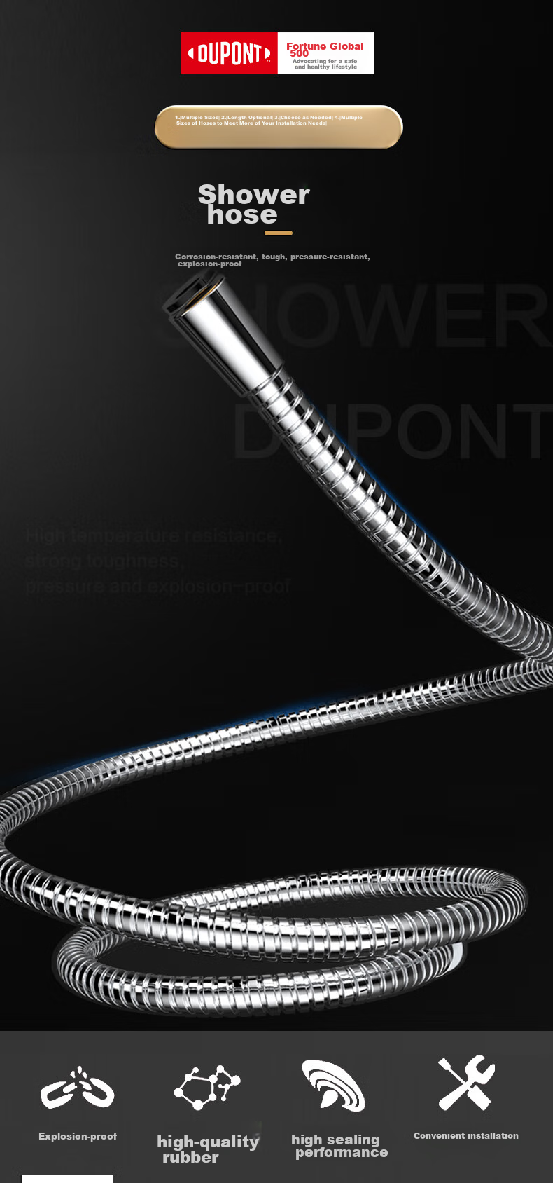 DU PONT DU PONT Handheld Shower Head Hose, 304 Stainless Steel, 1.5 Meters Long, Shower Head Hose D-PJ001 1