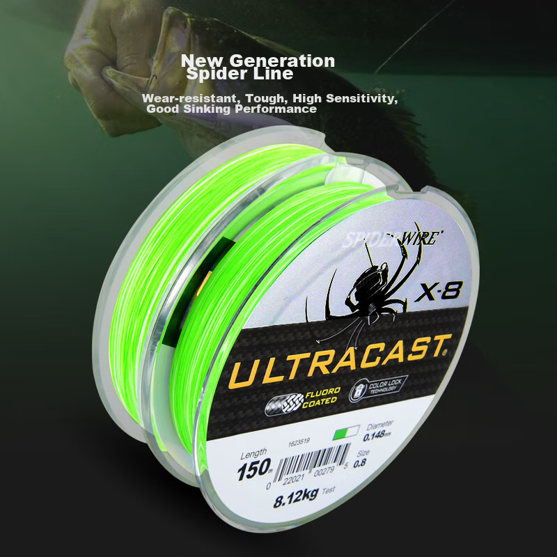 SPIDER WIRE Super PE Fishing Line, 8-Strand Long-Casting Main Line, Power Braid Fishing Line, Size 0.8, 150 Meters, Fluorescent Gree