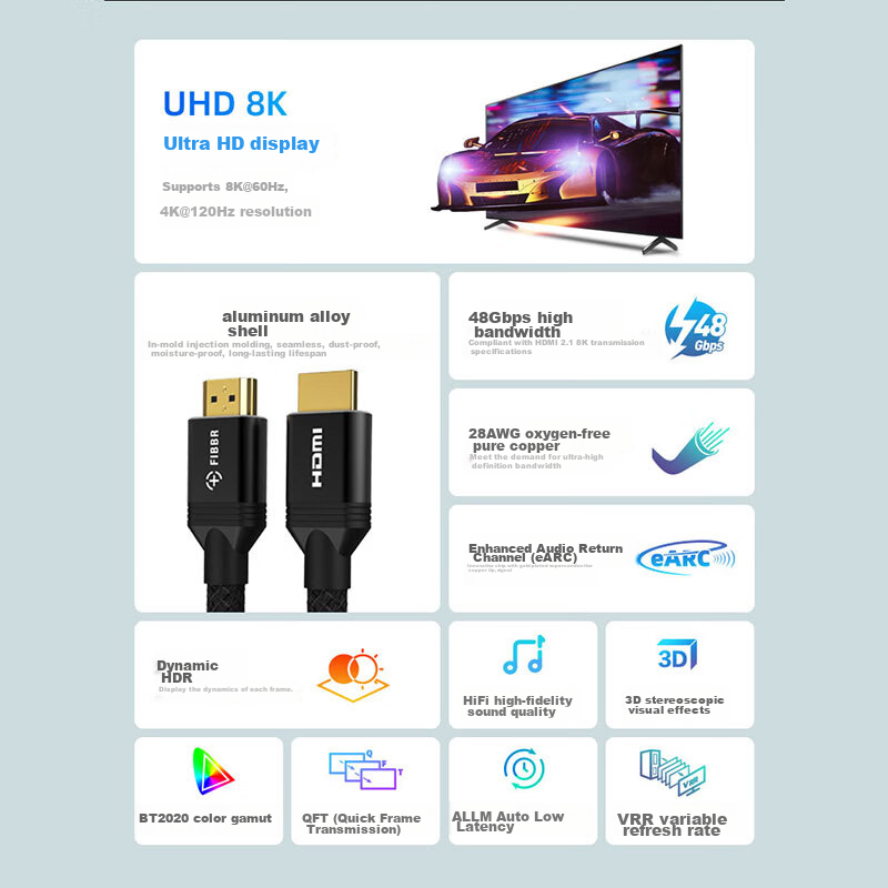 Кабель HDMI FIBBR версии 2.1, сертифицированный, 4K120Hz/8K60Hz, для приставки, проектора, большого телевизора, видеокабель, 1 метр