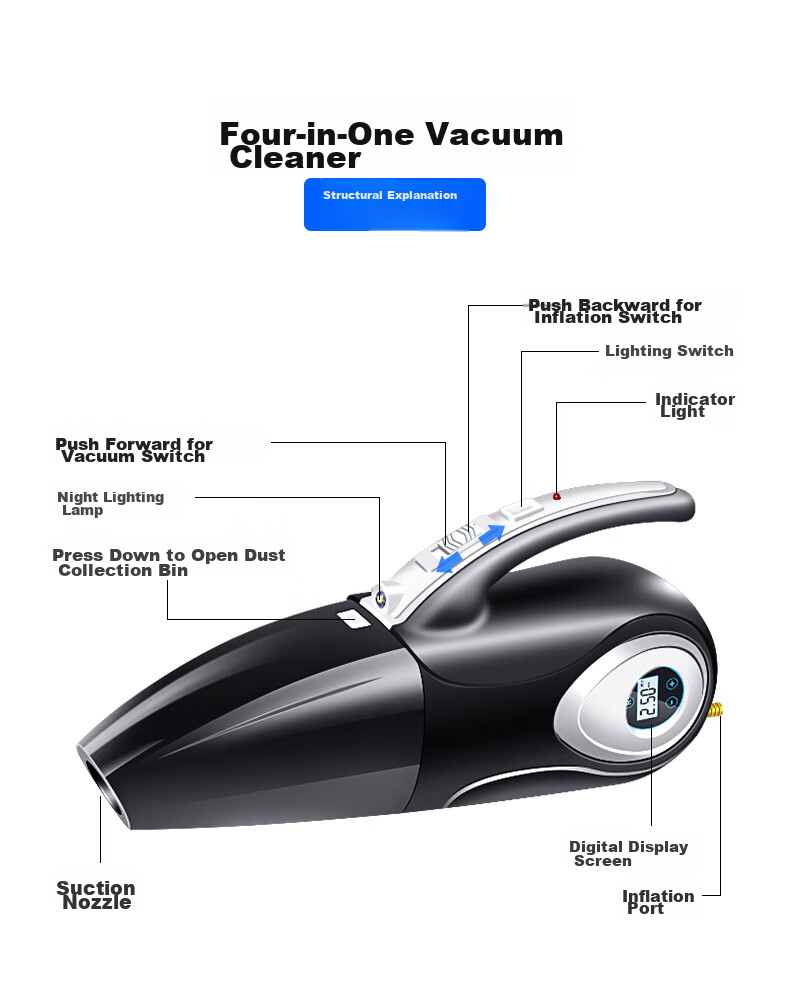 Jumu Car Air Compressor And Vacuum Cleaner, Dual-Use Wireless High-Power Four-In Machine, Portable Tire Inflator for Vehicles 17