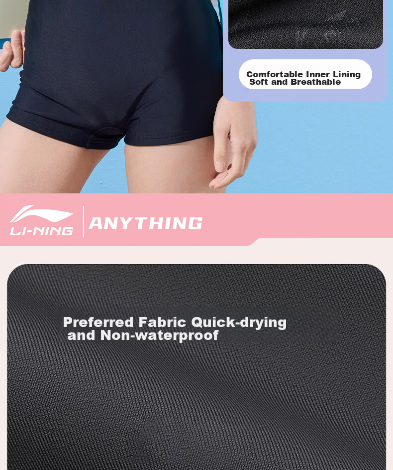 Li-Ning Women's One-Piece Swimsuit, Square Leg, Long Sleeve, Sun Protection, Conservative, Contrasting Colors, Slim Fit, Hot Spring Swimwear, 492 Black Blue, L 11
