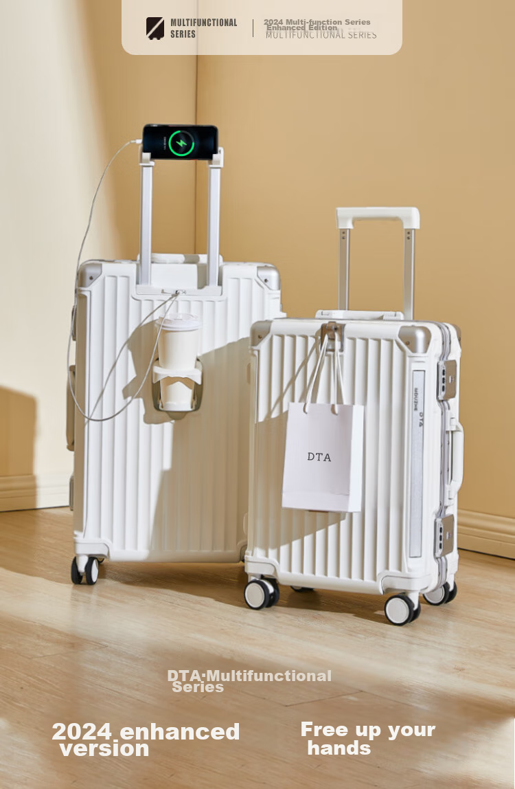 DTA Multifunctional Luggage for Women And Men, Spinner Wheels, Aluminum Frame Carry-On Suitcase, Travel Leather Case, Ivory White, 20 Inches 1