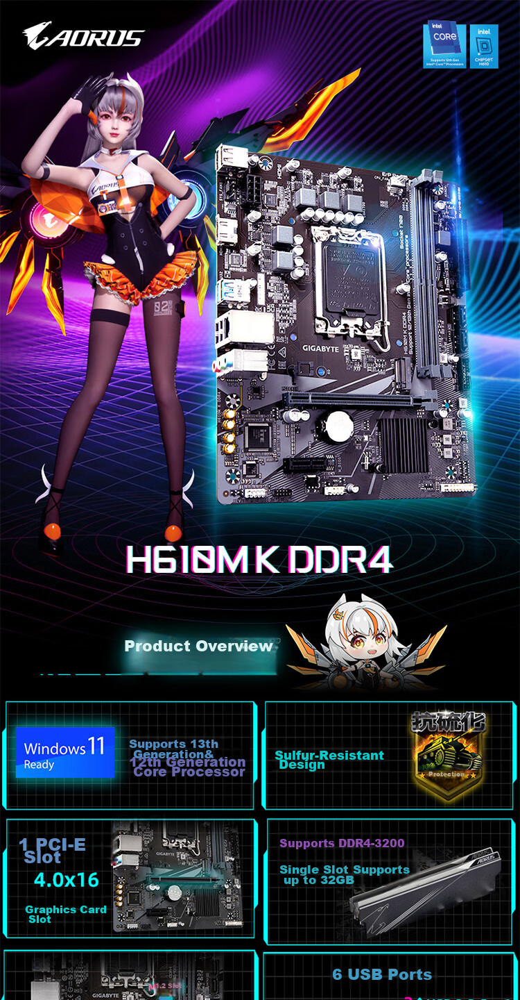 GIGABYTE H610M D3H WIFI DDR4 Motherboard Supports CPU 12th Gen Core I4-12400F (Intel H610/LGA 1700) 2