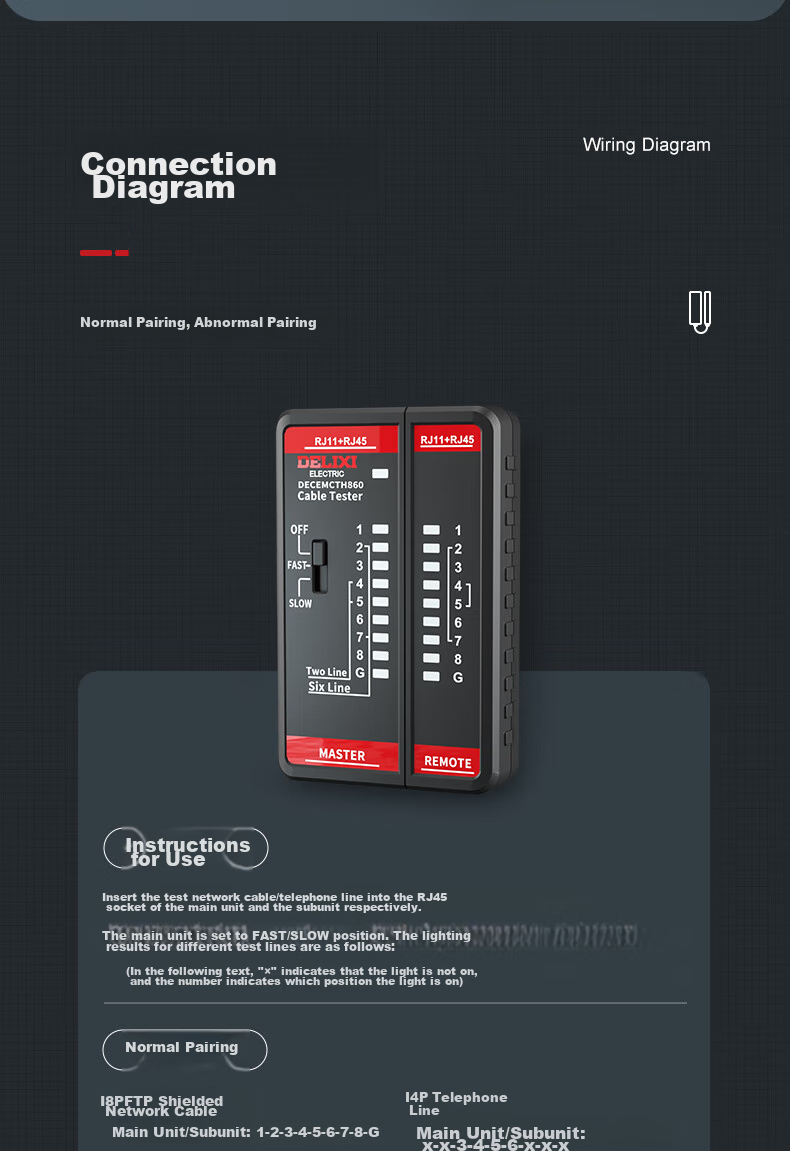DELIXI ELECTRIC Cable Tester Network Cable Telephone Line Tester Multifunctional Household Cable Pairing Device Fast And Slow Dual Mode 11