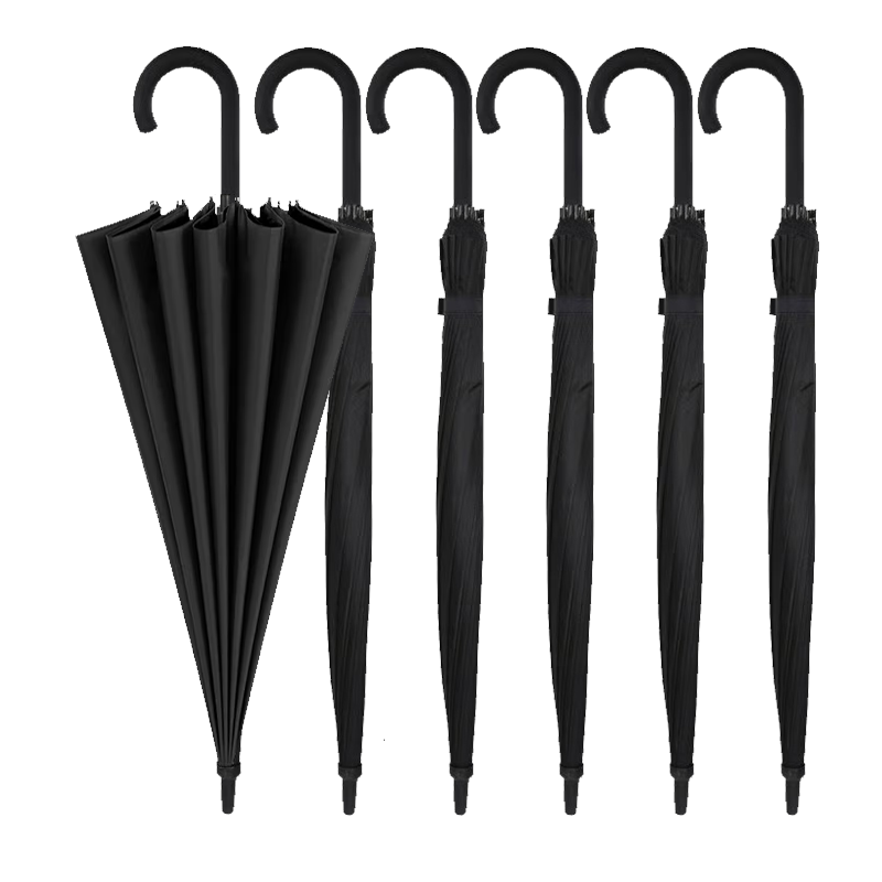 Oumai Long-Handle Curved Handle Umbrella, Windproof And Rainproof, 16 Ribs Reinforced And Sturdy, Wind-Resistant, for Reception Areas And Property Management Lobbies, Curved Handle in Black, 6 Pieces