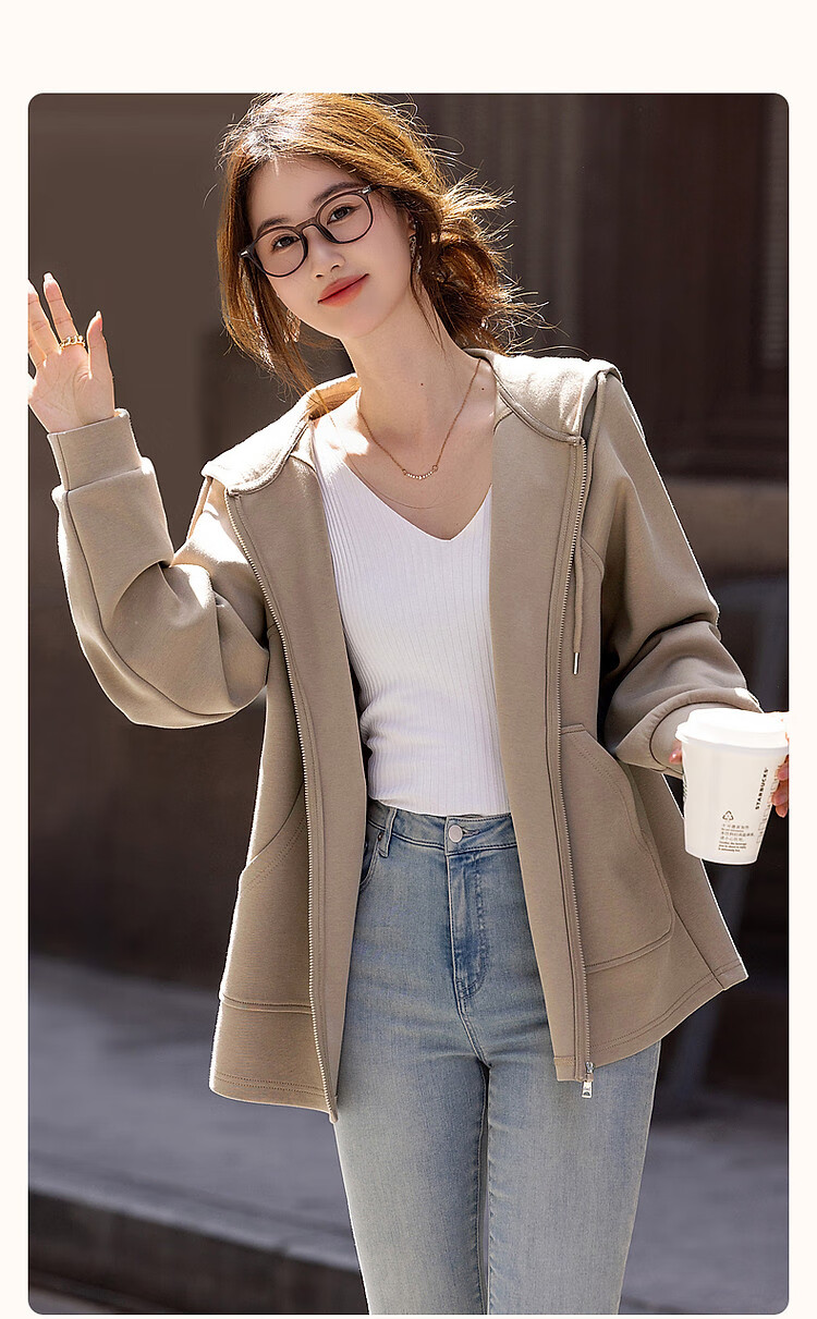 Dme [Stroll Outfit] Spring And Autumn Sporty Style 350G Air Layer Hooded Sweatshirt Jacket for Petite Women to Conceal Body Shape 3