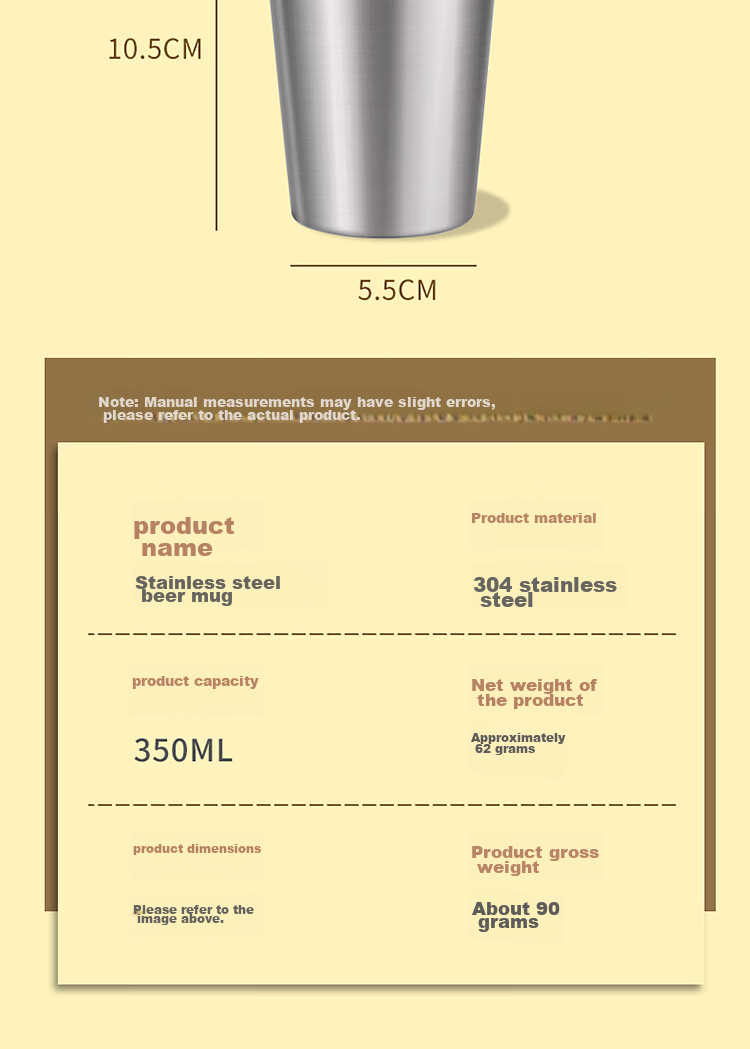BJ 304 Stainless Steel Beer Mug Cold Drink Juice Cup Coffee Mug Shatterproof Home Beer Water Cup 350ML Single Pack 13