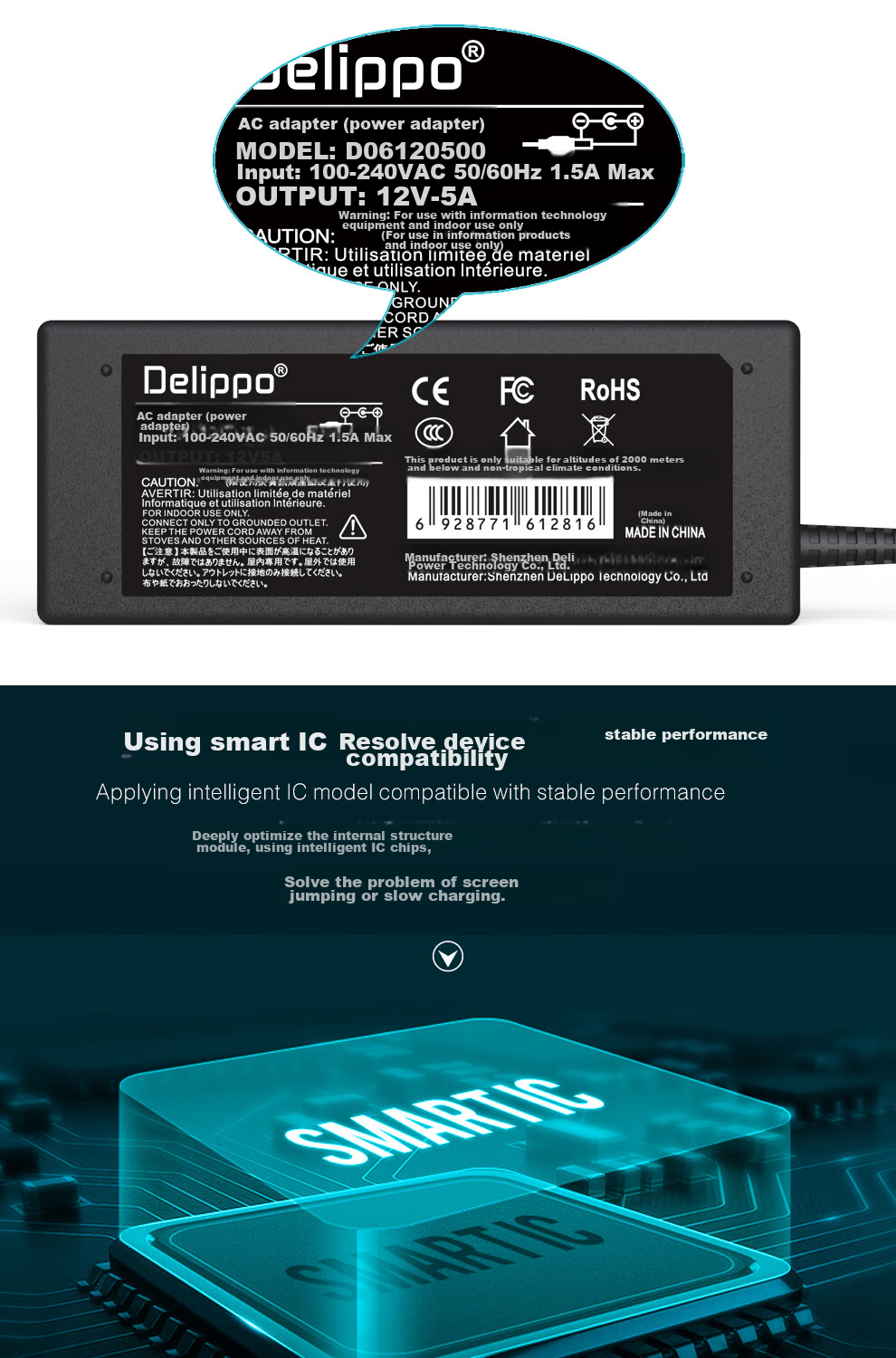 Delippo Power Adapter for Dell LCD Monitors, 12V 5A 3.33A 4A, Compatible with S2740L/S2440Lb/S2719H/S2419H Desktop Computers 4