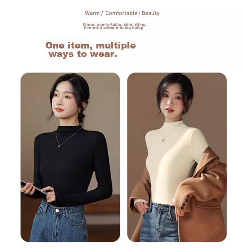LangSha Semi-Turtleneck Base Layer for Women, New Autumn And Winter Thick Fleece Ribbed Long-Sleeve Slim-Fit Antibacterial Anti-Mite Inner Wear Top 3