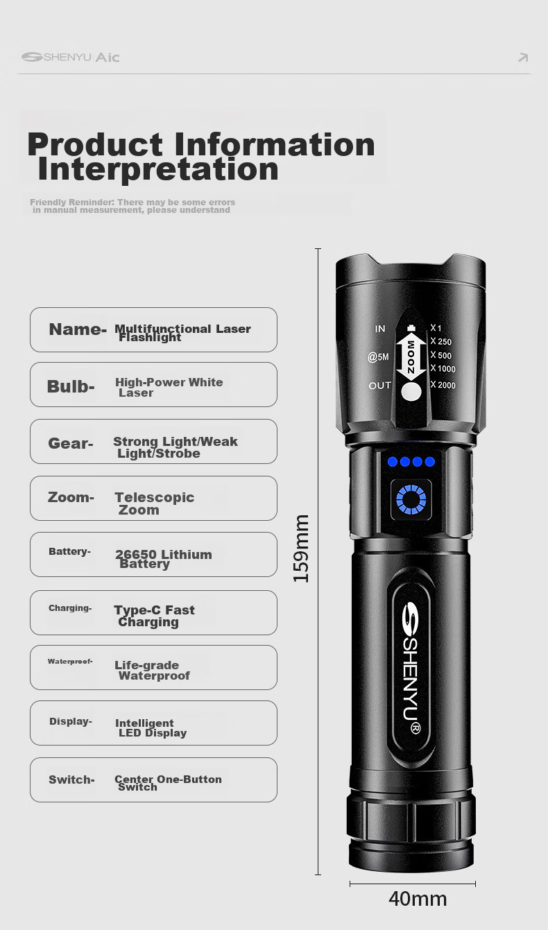 SHENYU Flashlight with High Brightness, Zoomable Lens, Rechargeable Battery, Long-Lasting Power, Outdoor Survival, Long-Range Beam, Military-Grade Ultra-Bright, Home Emergency Use 18