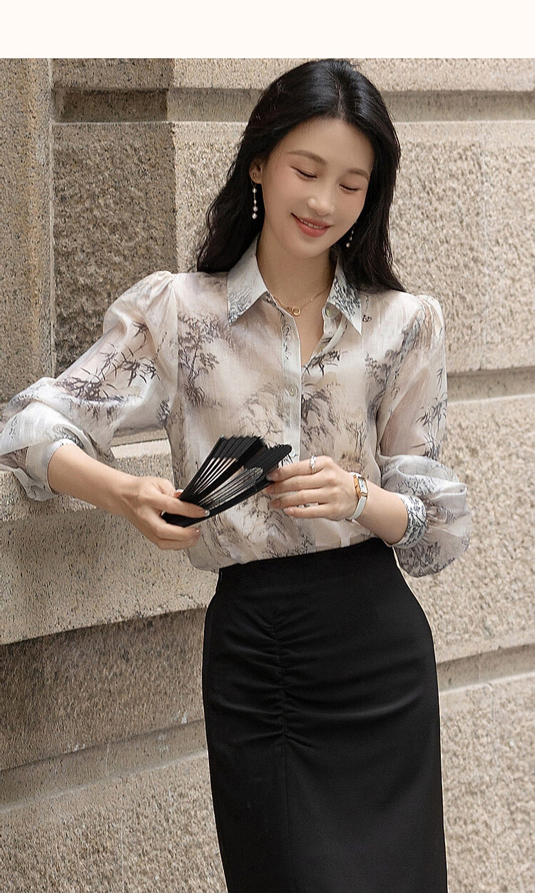 Dme [Tiansi Lianren] Autumn Chinese Style New Light-Weight Lyocell Blend Shirt, Printed Pleated Blouse, Women's Top 18