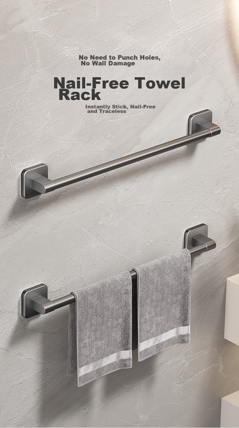 Huxiansen Bathroom Towel Rack, Single Bar, No Drilling Required, Bathroom Accessories, Towel Holder, Storage Rack, Toilet And Bathroom Hardware, Wall-Mounted 2