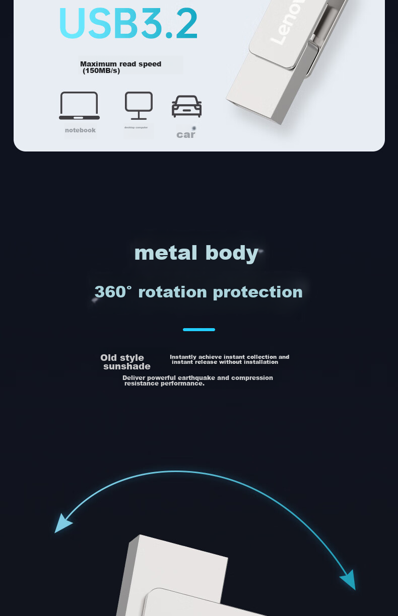 Lenovo 128GB Phone USB Flash Drive, Type-C USB3.2 Dual Interface Rotating Flash Drive, Durable Metal, Essential for Business Office Use, Y200 Series 5