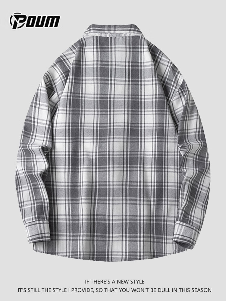 POUM Plaid Shirt Jacket for Men, Spring And Autumn Long-Sleeve Casual Shirt, Trendy Menswear, 2108 Gray, Size L 8