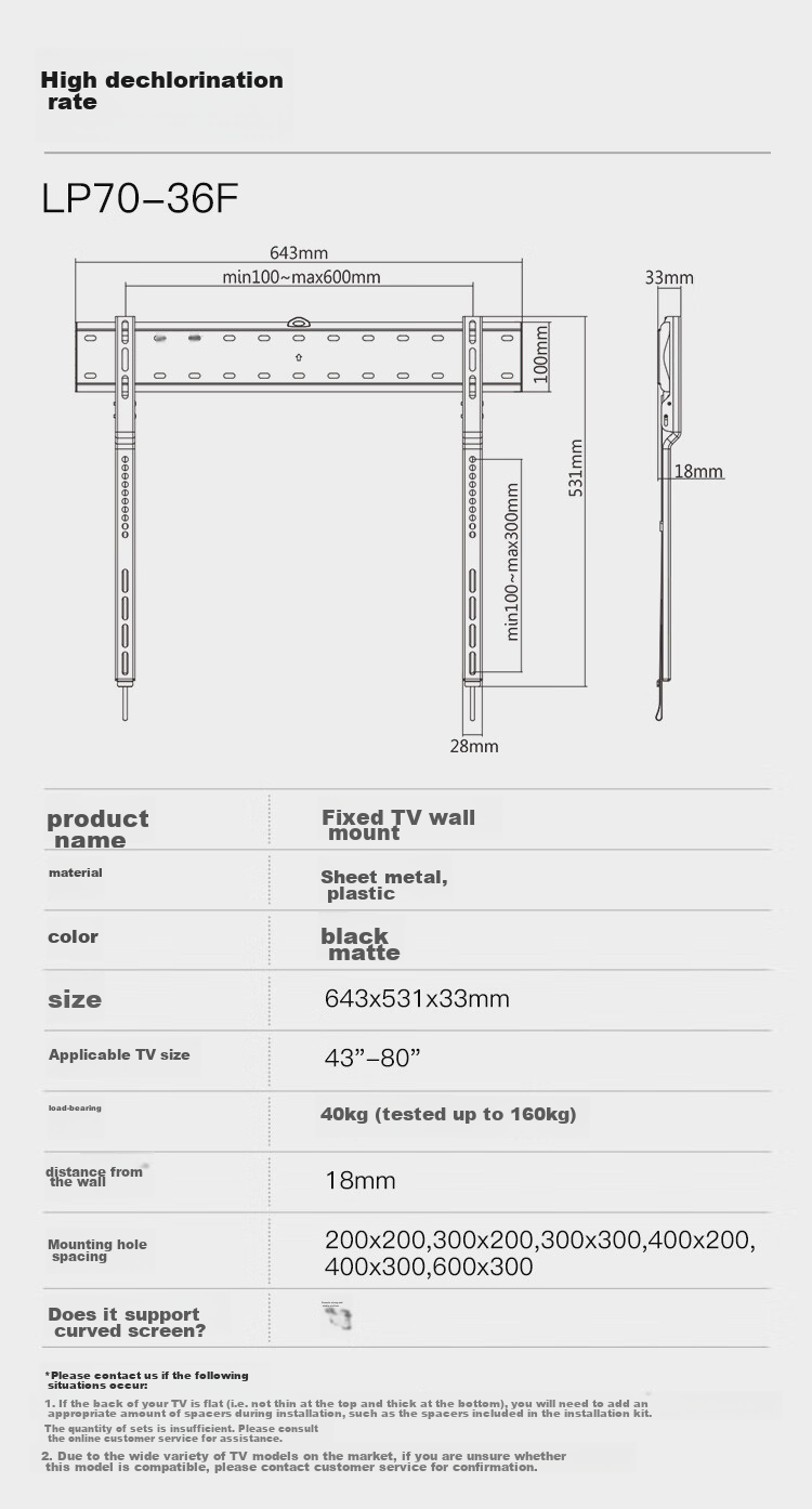 Brateck Beihu 60-100 Inch 98 Ultra-Thin TV Wall Mount Bracket Fixed for 65/70/75/80/85 Inch TVs X39-96 14