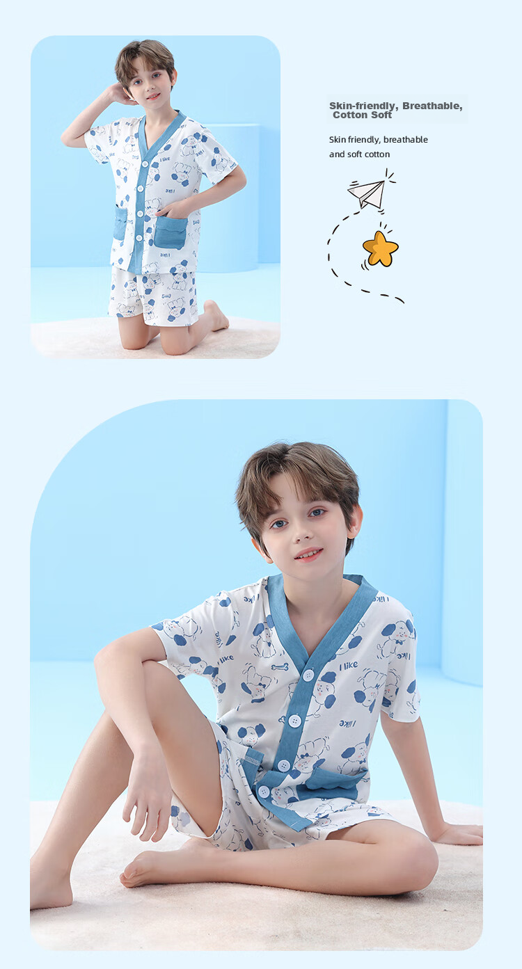 LangSha Children's Pajamas, Boys' Summer Thin V-Neck Short-Sleeve Set, Pure Cotton, Middle School Students' Loungewear Set, Size 120 13