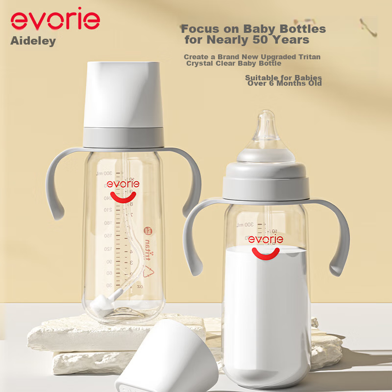 Бутылочка для кормления Evorie с ручкой и шариком-непроливайкой, широкое горлышко Tritan для младенцев, 300 мл, серая (6 месяцев+)