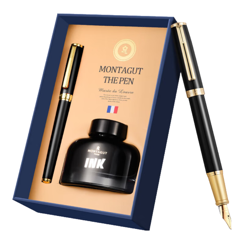 MONTAGUT [Mid-Autumn Festival Gift] Fountain Pen And Ink Gift Set for Students, Business Writing, Calligraphy Practice, Black 0.5mm Pen with Random Grip