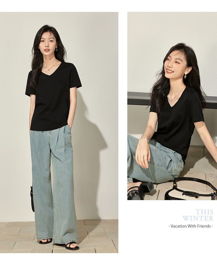 Woodpecker Women's Pure Cotton Short Sleeve T-Shirt Summer V-Neck Loose Fit Slim Solid Color Basic Top Black 4XL 9