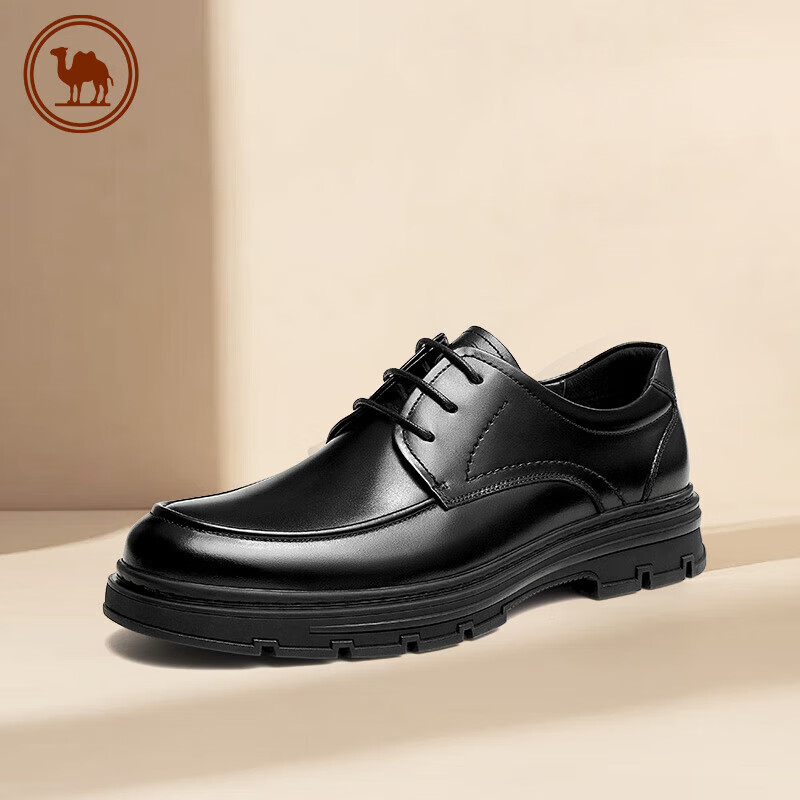 CAMEL Brand Men's Leather Shoes, Glossy Cowhide, Comfortable Soft Sole, Lace-Up Versatile Business Wedding Shoes, P13A005031 Black Size 38